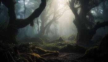 läskigt dimma höljen mysterium av mörk höst skog landskap genererad förbi ai foto