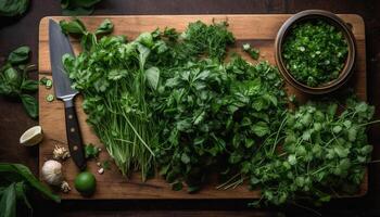 friska äter färsk organisk vegetabiliska sallad med vitlök krydda på planka genererad förbi ai foto