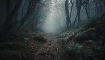 gående genom läskigt skog, mysterium och Skräck i de luft genererad förbi ai foto
