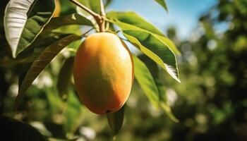mogen mandarin hängande från gren, symbol av friska äter genererad förbi ai foto