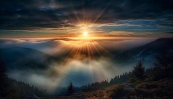 majestätisk berg räckvidd silhuett på gryning, lugn horisont reflexion genererad förbi ai foto