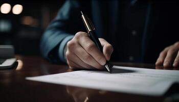 affärsman innehav penna tecken framgångsrik kontrakt på kontor skrivbord genererad förbi ai foto