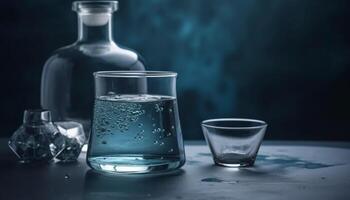 transparent glas flaska häller blå flytande, uppfriskande dryck för firande genererad förbi ai foto
