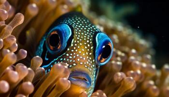 stänga upp av clown fisk i mång färgad korall rev under vattnet genererad förbi ai foto