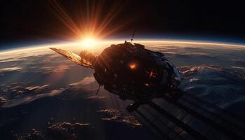rymdskepp banor planet i fantastisk solnedgång landskap, en sci fi äventyr genererad förbi ai foto