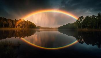 natur skönhet reflekterad i mång färgad solnedgång över lugn damm genererad förbi ai foto