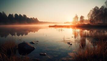 lugn scen av natur skönhet solnedgång över vattnen kant genererad förbi ai foto