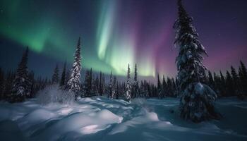 majestätisk berg räckvidd upplyst förbi starry polär natt himmel genererad förbi ai foto