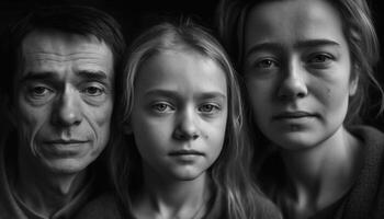 familj bindning, kärlek och samhörighet fångad i svartvit porträtt genererad förbi ai foto