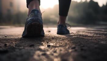 ung kvinna joggning i natur med sporter skor och vitalitet genererad förbi ai foto