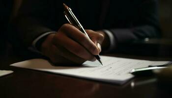 affärsman signering kontrakt med kulpenna penna på skrivbord, stänga upp fokus genererad förbi ai foto