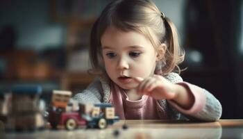 leende litet barn spelar med leksak, inlärning kreativitet och utveckling genererad förbi ai foto