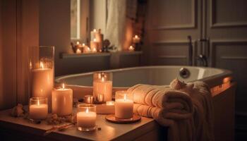 lyx levande ljus tänds bekväm badrum för slutlig avslappning och välbefinnande genererad förbi ai foto