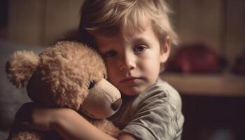 leende litet barn innehav teddy Björn, omgiven förbi kärlek och bekvämlighet genererad förbi ai foto
