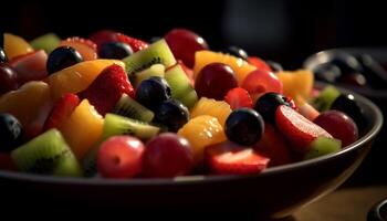 en vibrerande frukt sallad med mång färgad bär och mogen frukt genererad förbi ai foto