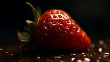 saftig mogen jordgubbe, en gourmet sommar mellanmål på trä- tabell genererad förbi ai foto