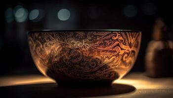 utsmyckad kinesisk keramik belysa elegant mörk Hem interiör med te genererad förbi ai foto