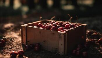 rustik bruka skörda färsk organisk frukt och vegetabiliska överflöd utomhus genererad förbi ai foto