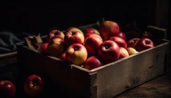 rustik äpple spjällåda på trä- tabell, visa upp höst skörda mängd genererad förbi ai foto