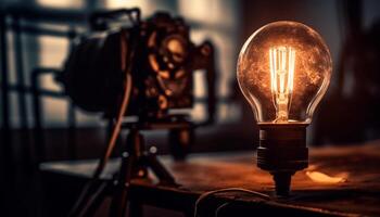 lysande antik elektrisk lampa tänds kreativitet i studio skott genererad förbi ai foto