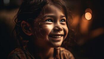 söt caucasian flicka leende utomhus, njuter sorglös barndom roligt genererad förbi ai foto