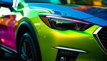 modern sporter bil med vibrerande mång färgad belysning Utrustning belysande stad liv genererad förbi ai foto