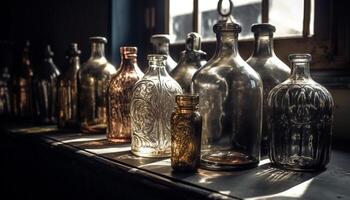 lyx whisky flaska och antik glas på trä- tabell arrangemang genererad förbi ai foto