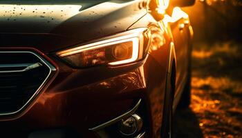 ljus metall sporter bil speglar solnedgång i stad trafik rörelse genererad förbi ai foto