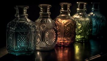 antik whisky flaska, utsmyckad vas, och vin glas samling upplyst genererad förbi ai foto