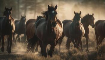 löpning besättning av hästar beta i lugn äng på solnedgång genererad förbi ai foto