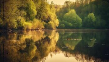 lugn scen av naturlig skönhet skog, damm, och reflexion genererad förbi ai foto