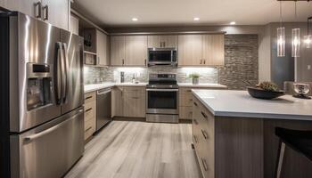 modern lyx kök med rostfri stål apparater och elegant marmor golv genererad förbi ai foto