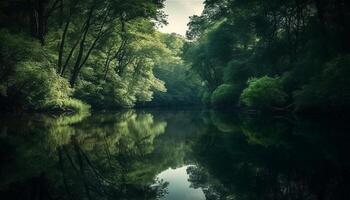 lugn scen av naturlig skönhet skog, träd, damm, reflexion genererad förbi ai foto