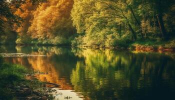 lugn scen av höst skog speglar vibrerande naturlig skönhet genererad förbi ai foto