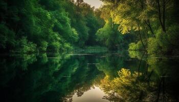 lugn scen av vibrerande natur, reflekterande i fredlig vattnen genererad förbi ai foto