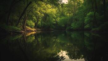 lugn scen av en skog damm reflekterande de skönhet av natur genererad förbi ai foto