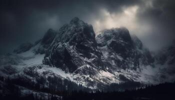 majestätisk berg räckvidd, mörk vinter- himmel, lugn scen, Nej människor genererad förbi ai foto