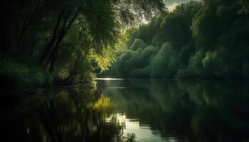 lugn scen av skönhet i natur grön äng, reflexion damm genererad förbi ai foto