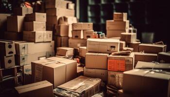 staplade kartong lådor i en lager för frakt transport och distribution genererad förbi ai foto