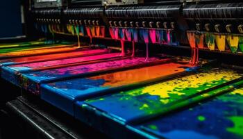 mång färgad spolar av silke tråd snurra i en textil- verkstad genererad förbi ai foto