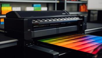 modern dator skrivare arbetssätt i en fabrik, utskrift mång färgad utskrifter genererad förbi ai foto