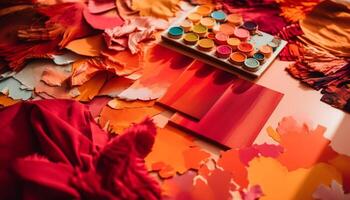 vibrerande färger av höst löv dekorera de tabell med kreativitet genererad förbi ai foto