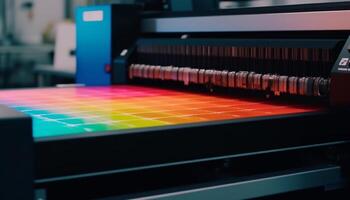 modern tillverkning Utrustning i en blå fabrik, arbetssätt automatiserad maskineri genererad förbi ai foto