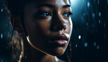 skön ung kvinna ser självsäker och färsk i de regn genererad förbi ai foto
