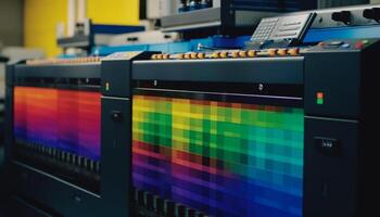 modern maskineri i en blå och gul fabrik arbetssätt effektivt genererad förbi ai foto