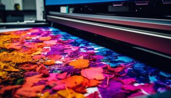 vibrerande färger av mång färgad blommor dekorera modern kontor tabell genererad förbi ai foto