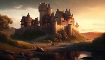 medeltida slott majestätisk berg rosa solnedgång bakgrund ,generativ ai foto