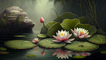 natur rosa lotus blooms i lugn vattnen ,generativ ai foto