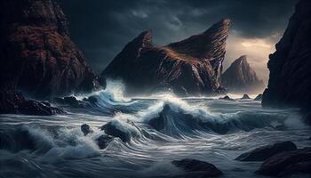 natur majestätisk vågor krascha på klippig klippor ,generativ ai foto