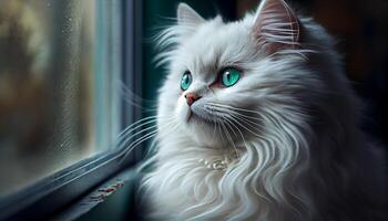 söt inhemsk kattunge sitter på fönster, stirrande utanför ,generativ ai foto